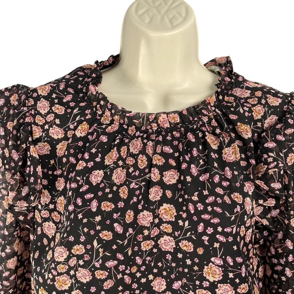 Rachel Zoe Blouse Womens Medium Black Pink Ruffle‎ Collar Trim Chiffon Top - Picture 2 of 12